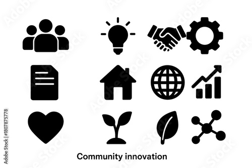Community Innovation Icons. Community innovation. Solid icon set of community innovation: people group, lightbulb, handshake, gear, document, house, globe,