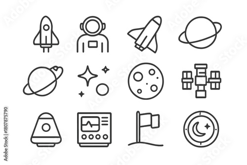 Space Icon Set. Space Travel. Line icon set of Space Travel: rocket, astronaut, shuttle, planet, orbit path, stars, moon, space station, capsule, control