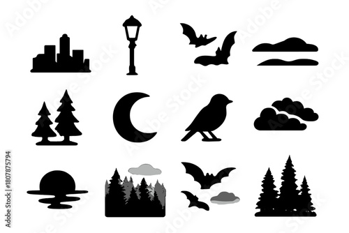 Dusk Icon Set. Dusk. Solid icon set of Dusk: skyline, lamp post, shadows, bats, distant hills, pine trees, half moon, twilight sky, silhouette bird, evening