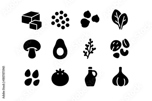 Vegan Ingredient Icons. Vegan ingredients. Solid icon set of Vegan ingredients: tofu, lentils, chickpeas, spinach, mushroom, avocado, quinoa, nuts, seeds,