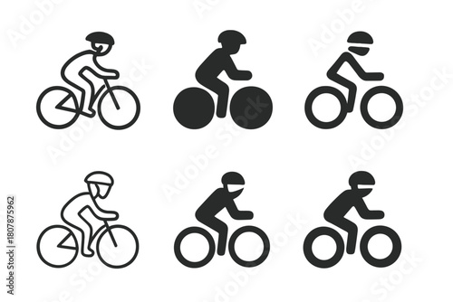 Bicycle Logo Variations. Person on bicycle. Icon set. Set Logo of person on bicycle: silhouette of cyclist in motion within circular frame. harmonious logo