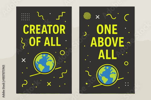 Creator and One Banners. Creator of All. Two vertical A6 banners with safe margins, centered composition, no elements touching edges, memphis, charcoal and