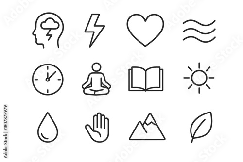 Stress Icons Collection. Stress Management. Line icon set of Stress Management: head with cloud, lightning bolt, heart, breath lines, clock, yoga pose, book,