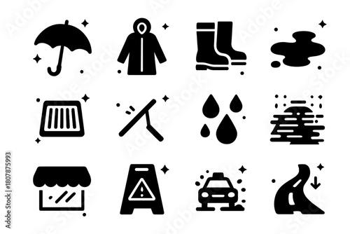 Rainy Street Icons. Rainy street. Solid icons set of Rainy street: umbrella, raincoat, rain boots, puddle, storm drain, windshield wiper, raindrops, wet street