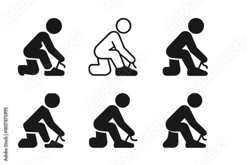 Shoelace Icon Set. Tying shoelaces before jogging. Icon set. Set Logo of Tying shoelaces before jogging: Athletic sneaker. harmonious logo variations of the