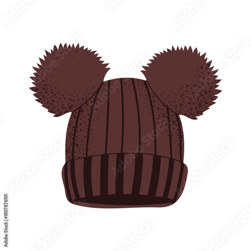 Cute winter beanie with two fluffy pom poms. Warm knitted wool hat for cold weather. Flat vector illustration isolated on white background.