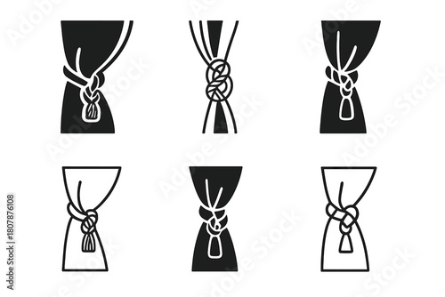 Curtain Tieback Icons. Curtain tieback. Icon set. Set Logo of curtain tieback: crystal knob medallion. harmonious logo variations of the same emblematic
