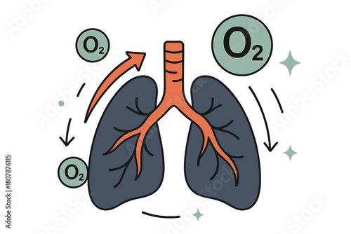 Dynamic Lung Respiration. Oxygen. Human lungs with abstract floating oxygen molecules, arrows, and sparkles; conveys respiration, life, and biology. Modern