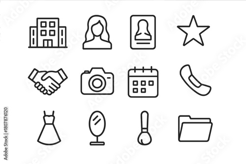 Modeling Agency Icons. Modeling agency. Line icon set of modeling agency: building, model silhouette, document, star, handshake, camera, calendar, phone,