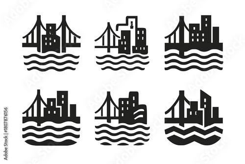 Flooded Bridge Icons. Flooded cities. Icon set. Set Logo of Flooded Cities: bridge half-covered by floodwaters. harmonious logo variations of the