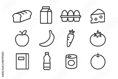 Grocery Essentials Icons. Grocery essentials. Line icon set of Grocery essentials: bread loaf, milk carton, eggs, cheese, apple, banana, carrot, tomato, cereal