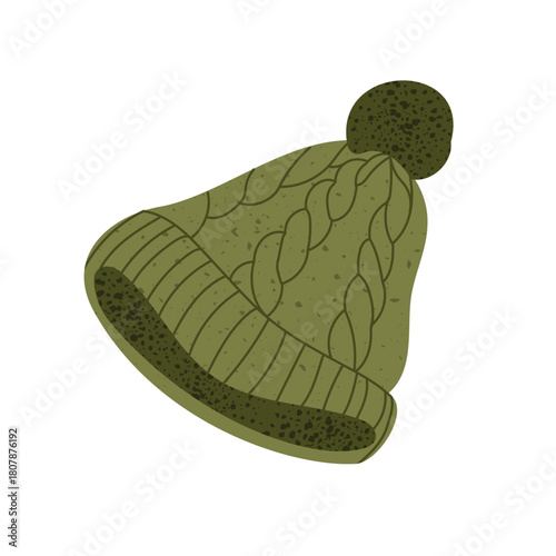 Knitted winter beanie with cable pattern and pom pom. Warm cozy wool hat for cold season. Flat vector illustration isolated on white background.