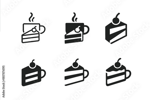 Coffee and Pastry Logos. Coffee and pastries. Icon set. Set Logo of Coffee and pastries: Cake slice. harmonious logo variations of the same emblematic concept,