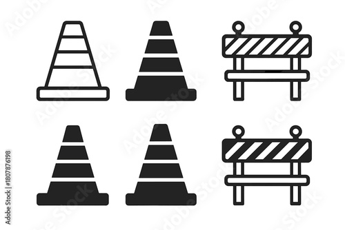 Traffic Restriction Icons. Restrictions. Icon set. Set Logo of Traffic Restrictions: Cone and roadblock. Stylized detail, Abstract geometric, Minimal outline,