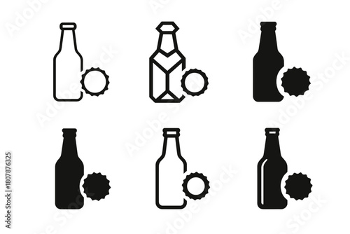 Alcoholic Logos Collection. Alcoholic Beverages. Icon set. Set Logo of Alcoholic Drinks: beer bottle and cap. harmonious logo variations of the same emblematic