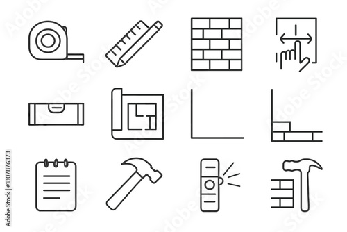 Wall Measurement Icon Set. Measuring a Wall. Line icon set of Measuring a Wall: tape measure, ruler, pencil, wall, hand measuring, level tool, blueprint,