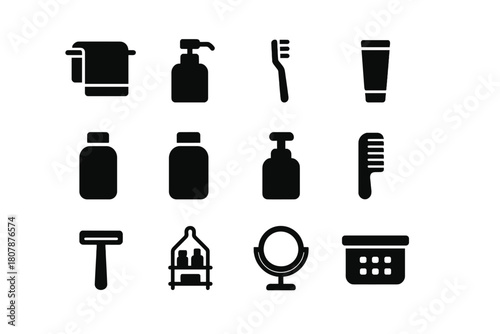 Neat Bathroom Icons. Neat Bathroom. Solid icon set of Neat Bathroom: towel, soap dispenser, toothbrush, toothpaste, shampoo bottle, conditioner bottle, lotion,