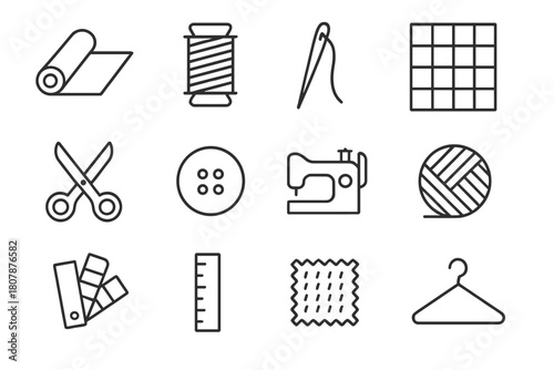 Mono Line Textile Icons. Textile design. Line icon set of textile design: fabric roll, thread spool, needle, pattern grid, scissors, button, sewing machine,