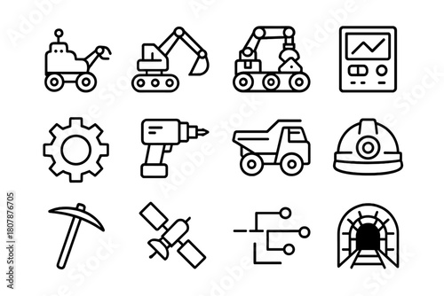 Mining Robotics Icons. Automation and Robotics in Mining. Line icon set of Automation and Robotics in Mining: mining robot, excavator arm, conveyor belt,