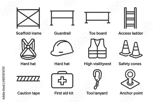 Scaffolding Safety Icons. Scaffolding and Safety. Line icon set of Scaffolding and Safety: scaffold frame, guardrail, toe board, access ladder, safety harness,