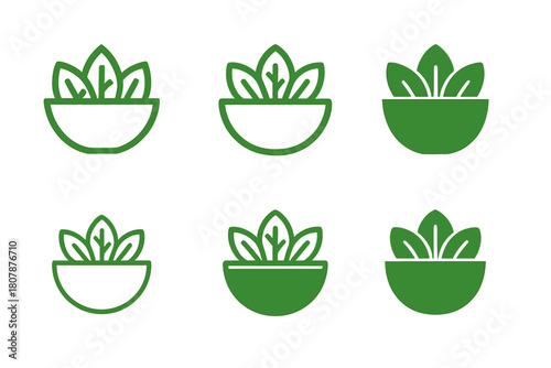 Salad Bowl Variations. Salad bowl. Icon set. Set Logo of salad bowl: healthy meal with greens in open container. harmonious logo variations of the same