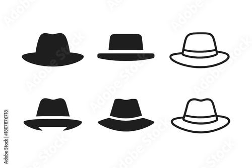 Classic Hat Logos. Old hat. Icon set. Set Logo of old hat: classic wide-brim hat silhouette. harmonious logo variations of the same emblematic concept, each