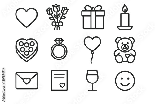 Romantic Gesture Icons. Romantic Spontaneity in Long-Term Relationships. Solid icon set of Romantic Spontaneity in Long-Term Relationships: surprise gift,