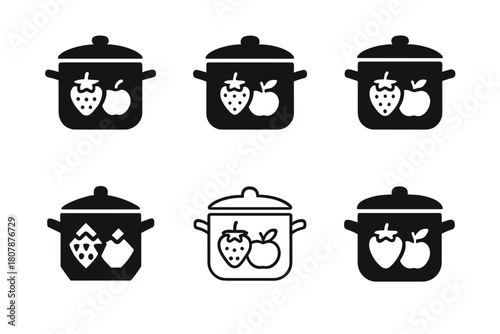 Homemade Jam Icons. Making your own homemade jam. Icon set. Set Logo of Homemade Jam: abstract jar and fruit motif forming a circle. harmonious logo variations