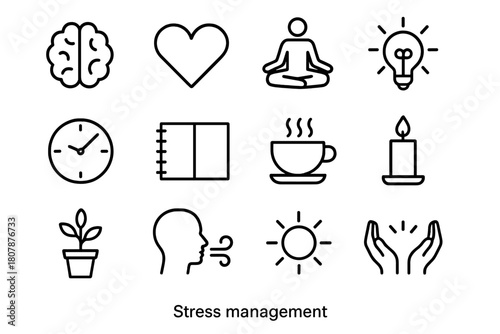 Stress Management Icons. Stress management. Line icon set of stress management: brain, heart, yoga pose, light bulb, clock, notebook, tea cup, candle, plant,