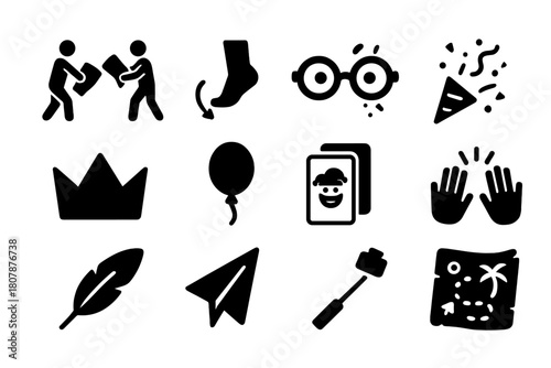 Playful Icons Set. Playful Moments. Solid icon set of Playful Moments: pillow fight, dance step, goofy glasses, confetti pop, paper crown, balloon, joke card,