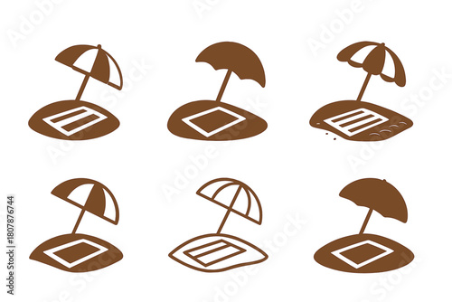 Empty Beach Icons. Empty Beach. Icon set. Set Logo of Empty Beach: tranquil seashore line art. harmonious logo variations of the same emblematic concept, each