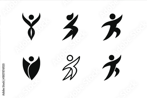 Dynamic Model Logos. model in motion. Icon set. Set Logo of model in motion: flowing dress in motion. harmonious logo variations of the same emblematic