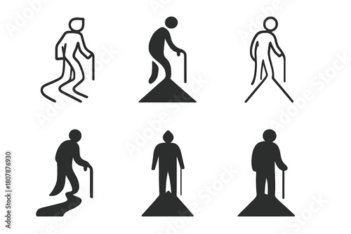 Lonely Silhouettes Set. Loneliness in old age. Icon set. Set Logo of Shadow Figure: Person alone on path. Abstract geometric, Stylized detail, Minimal outline,