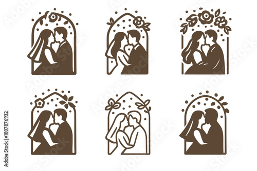 Wedding Kiss Icons. Wedding Kiss Under Confetti. Icon set. Set Logo of Wedding Kiss: confetti heart explosion over couple. harmonious logo variations of the