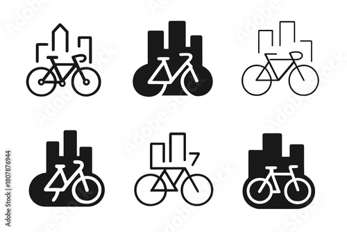 Bicycle Commuting Logos. Bicycle commuting. Icon set. Set Logo of Bicycle Commuting: front view of bicycle with city elements. harmonious logo variations of