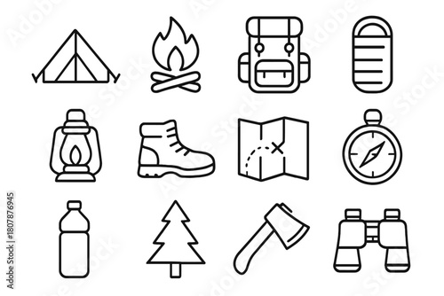 Camping Icons Set. Camping trip. Line icon set of Camping trip: tent, backpack, sleeping bag, campfire, lantern, hiking boots, water bottle, map, compass,