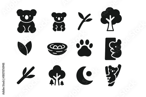 Cute Koala Icons. Cute Koalas. Solid icon set of Cute Koalas: koala, baby koala, eucalyptus branch, tree, leaves, nest, paw print, tree hollow, branch, forest,