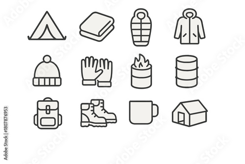 Winter Shelter Icons. Winter shelter. Line icon set of winter shelter: tent, blanket, sleeping bag, coat, hat, gloves, fire barrel, mat, backpack, shoes, cup,