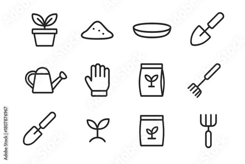 Gardening Tools Icon Set. Gardening pot. Line icon set of Gardening pot: plant pot, soil, saucer, trowel, shovel, watering can, gardening gloves, seeds packet,