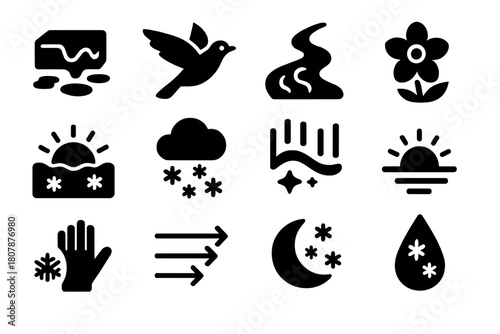 Seasonal Icon Set. Seasonal Changes. Solid icon set of Seasonal Changes: thawing ice, migrating bird, melting stream, early bloom, frozen sunset, snowstorm,