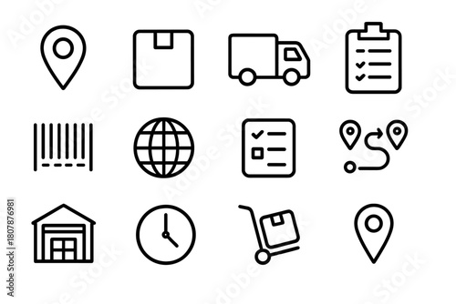 Logistics Icon Set. Logistics Network. Solid icon set of Logistics Network: cargo ship, airplane, delivery truck, shipping container, warehouse, globe,