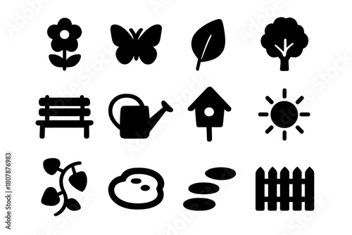 Garden Icon Set. Garden atmosphere. Solid icon set of Garden atmosphere: flowers, butterflies, leaves, tree, garden bench, watering can, birdhouse, sunshine,