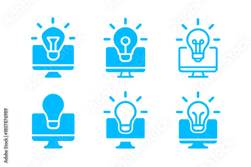 Online Creativity Logos. creativity online. Icon set. Set Logo of creativity online: glowing idea emerging from screen. harmonious logo variations of the same
