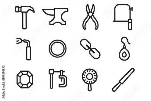 Jewelry Making Icons. Jewelry making. Line icon set of jewelry making: bead string, clasp, pliers, chain, wire coil, gemstone, charm, earring hook, pendant,