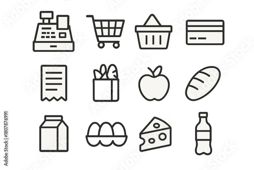 Grocery Checkout Icons. Grocery checkout. Line icon set of Grocery checkout: cash register, shopping cart, basket, credit card, receipt, grocery bag, apple,