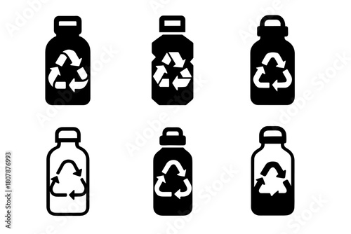Reusable Bottle Logos. Reusable water bottle. Icon set. Set Logo of reusable water bottle: bottle with recycling loop. harmonious logo variations of the same