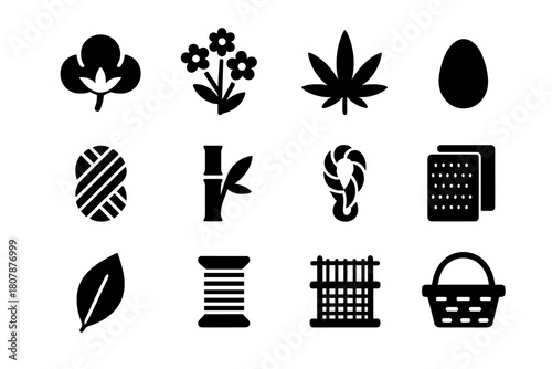 Natural Fibers Icons. Natural fibers. Solid icon set of natural fibers: cotton boll, flax plant, hemp leaf, silk cocoon, wool yarn, bamboo, jute rope, linen