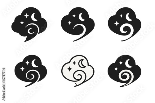 Celestial Swirl Icons. Night sky filled with swirling thoughts. Icon set. Set Logo of night sky filled with swirling thoughts: celestial spiral motion.