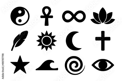Cultural Symbol Icons. Cultural Symbols. Solid icon set of Cultural Symbols: yin yang, ankh, infinity loop, lotus, feather, tribal sun, crescent moon, cross,