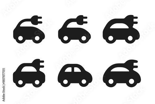 Electric Vehicle Icons. Climate change action. Icon set. Set Logo of Electric Vehicle: EV car with charging plug. Symmetrical form, Stylized detail, Negative